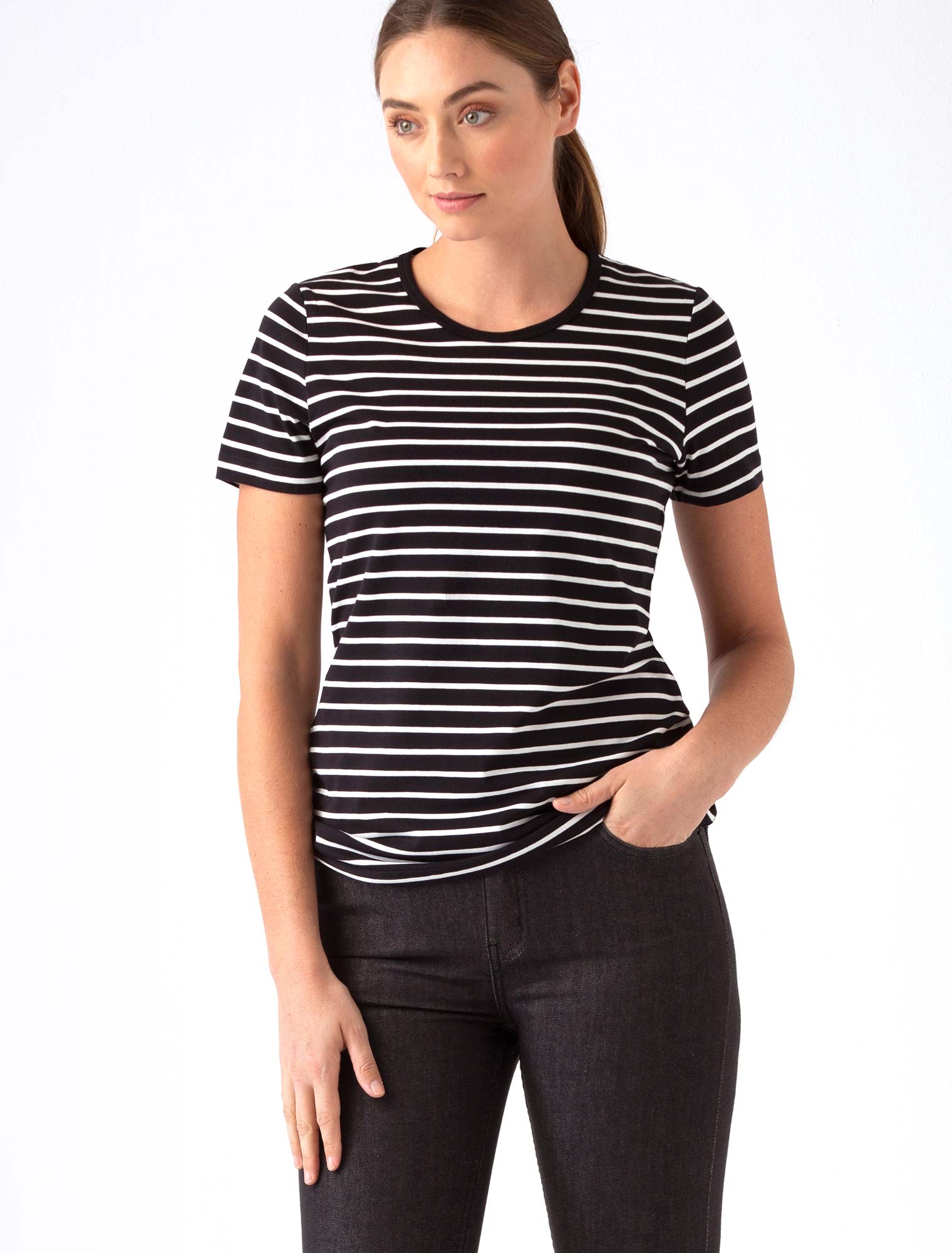 Ladies black and outlet white striped t shirt